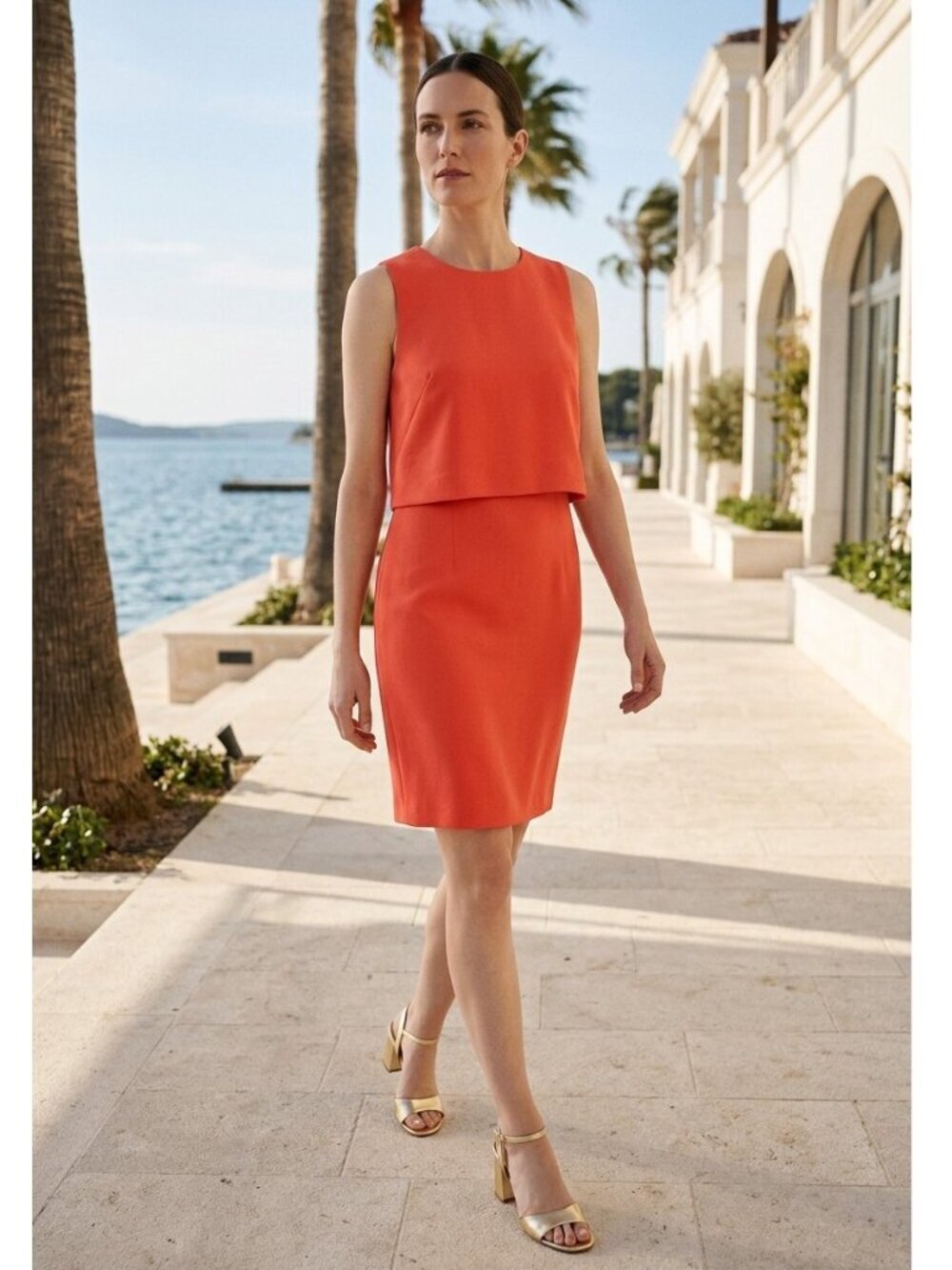 ELIZA J ORANGE CREPE POPOVER SLEEVELESS SHEATH DRESS